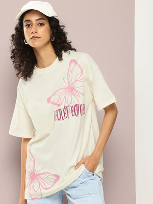 Kook N Keech Printed Women Round Neck White T-Shirt