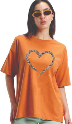 V-Mens Printed Women Round Neck Orange T-Shirt