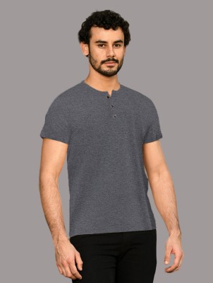 GEUM Solid Men Henley Neck Grey T-Shirt