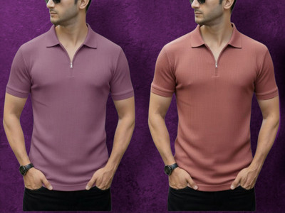 The Stanch Self Design Men Zip Neck Purple, Pink T-Shirt
