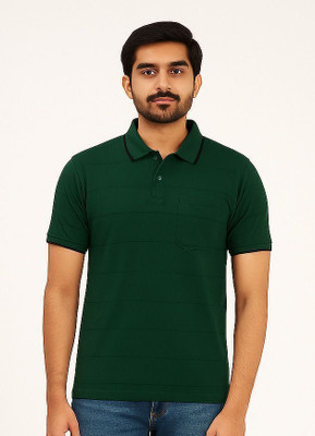 Fabc Solid Men Polo Neck Dark Green T-Shirt