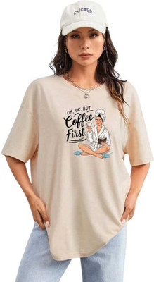 Fluffy Enterprises Printed Women Round Neck Beige T-Shirt