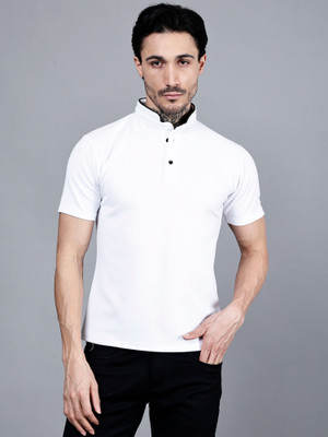 KISROLI Solid Men Mandarin Collar White T-Shirt