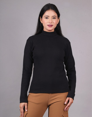 PK Fashion Solid Women High Neck Black T-Shirt