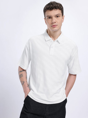 Glitchez Self Design Men Polo Neck White T-Shirt