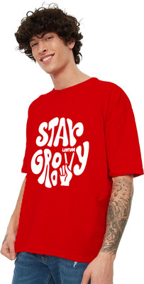 STAY GROOVY Printed, Typography Men Round Neck Red T-Shirt