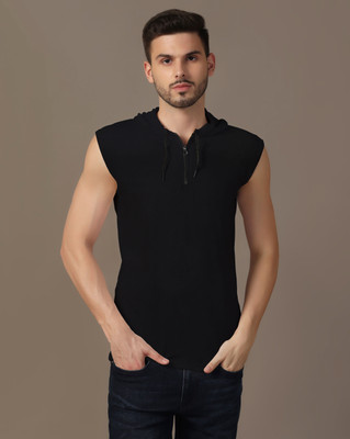 GEUM Solid Men Hooded Neck Black T-Shirt