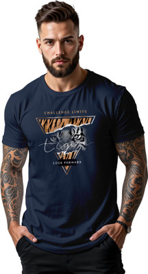 PeppyZone Printed, Typography Men Scoop Neck Navy Blue T-Shirt