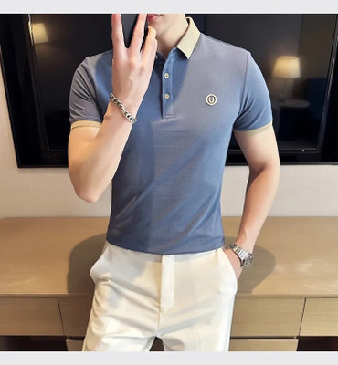 GELAI ENTERPRISE Solid, Self Design, Striped Men Polo Neck Blue T-Shirt