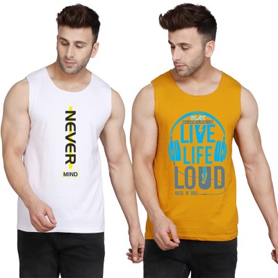 SLOWLORIS Printed Men Scoop Neck Yellow, White T-Shirt