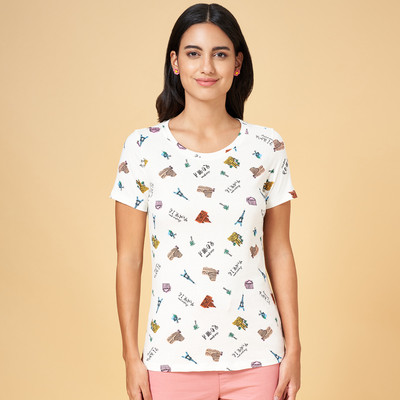 Honey By Pantaloons Printed Women Round Neck White T-Shirt
