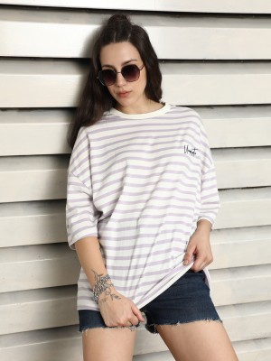 High Star Striped Women Round Neck Purple, White T-Shirt