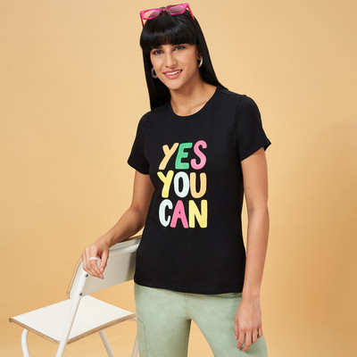 PEOPLE Typography Women Round Neck Black T-Shirt