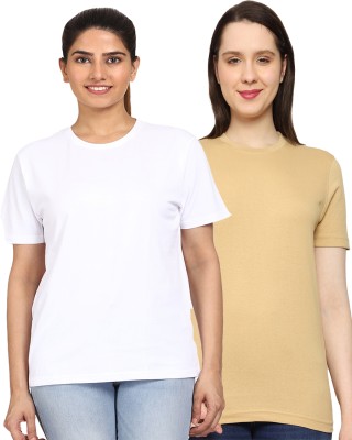 AODACH Solid Women Round Neck White, Beige T-Shirt