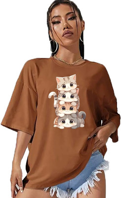 Absolute Defense Graphic Print Women Round Neck Brown T-Shirt