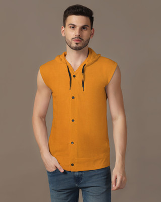 GEUM Solid Men Hooded Neck Gold T-Shirt