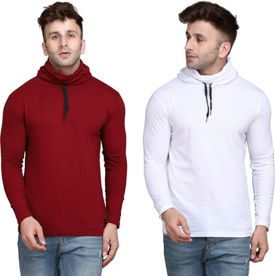 Lawful Casual Solid Men Hooded Neck White, Maroon T-Shirt