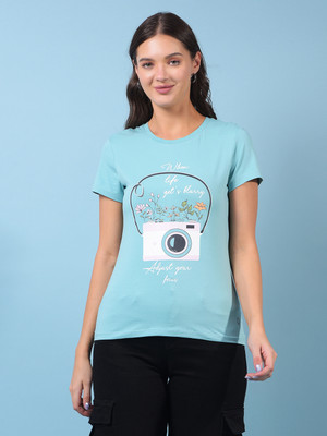 Dollar Printed Women Crew Neck Light Blue T-Shirt