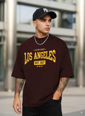 JUST ROAR Printed Men Round Neck Brown T-Shirt