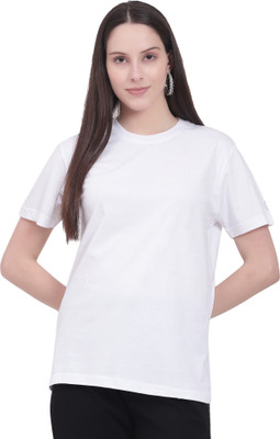 KCBLESS Solid Women Round Neck White T-Shirt