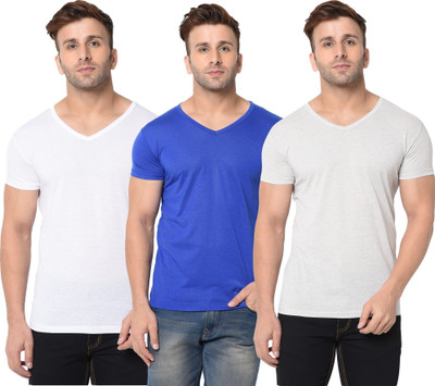 JB Jagoboy Solid Men V Neck White, Blue, Grey T-Shirt