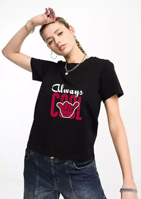 WOMENVY Printed, Typography Women Round Neck Black T-Shirt