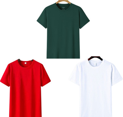P collection Solid Men Round Neck Dark Green, Red, White T-Shirt