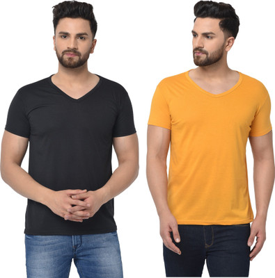 Tresna Trending Solid Men V Neck Black, Yellow T-Shirt