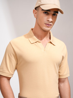 HIGHLANDER Solid Men Polo Neck Beige T-Shirt