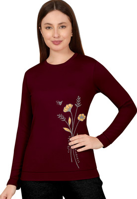 ClonCline Printed Women Round Neck Reversible Maroon T-Shirt