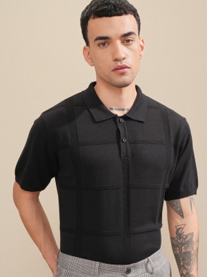 HIGHLANDER Self Design Men Polo Neck Black T-Shirt