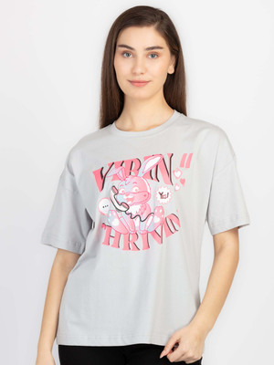 Status Quo Graphic Print Women Round Neck Grey T-Shirt