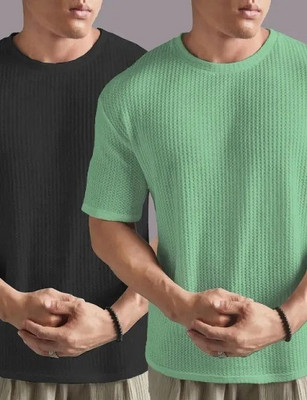 R ARHAN Self Design Men Round Neck Light Green, Black T-Shirt