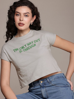 Roadster Self Design Women Round Neck Grey T-Shirt