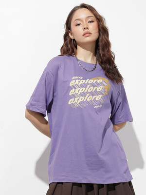 Roadster Printed Women Round Neck Purple T-Shirt