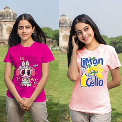 Parona Printed Women Round Neck Pink T-Shirt