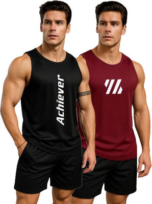 dashzone Printed Men Round Neck Black, Maroon T-Shirt