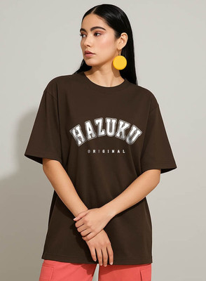 Hazuku Printed Women Round Neck Brown T-Shirt