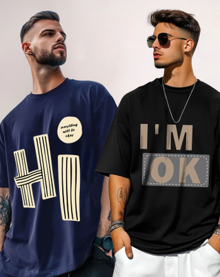 AOOSH Printed Men Round Neck Navy Blue, Black T-Shirt