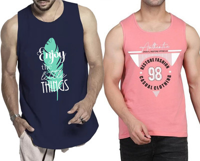 WOOSTRO Printed Men Round Neck Navy Blue, Pink T-Shirt