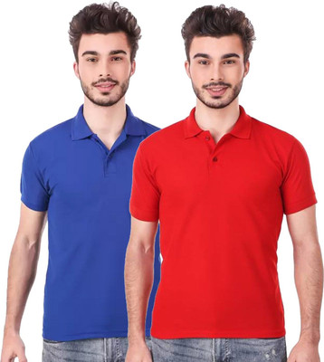 YUALIN CREATION Self Design Men Polo Neck Blue, Red T-Shirt
