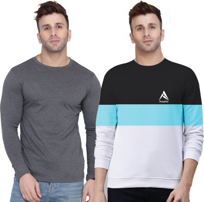 Kroptee Colorblock, Solid Men Round Neck Light Blue, Grey T-Shirt