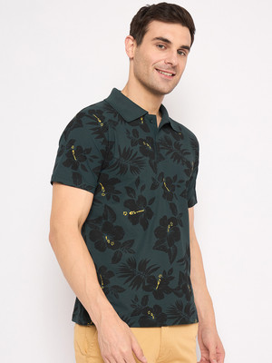 KASMA Printed Men Polo Neck Dark Green T-Shirt