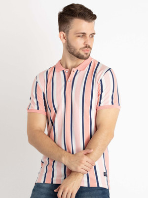 Status Quo Striped Men Polo Neck Pink T-Shirt