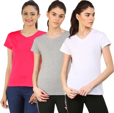 Ap'pulse Solid Women V Neck White, Pink, Grey T-Shirt