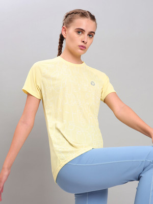 TECHNOSPORT Printed Women Crew Neck Yellow T-Shirt