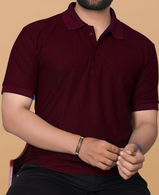 KAJARU Solid Men Polo Neck Maroon T-Shirt