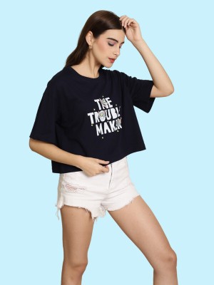 TOM AND JERRY by DreamBe Printed, Typography Women Round Neck Navy Blue T-Shirt