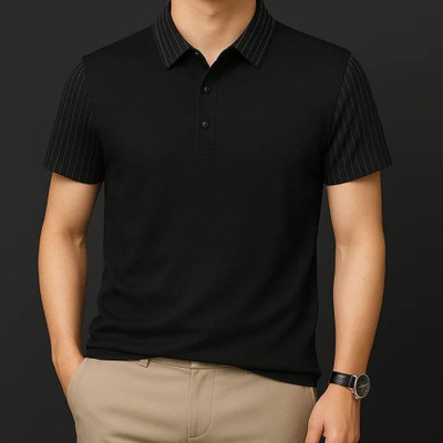 GELAI ENTERPRISE Solid, Striped, Self Design Men Polo Neck Black T-Shirt