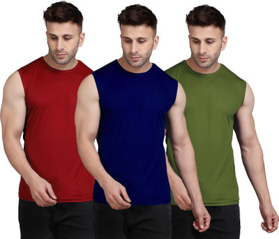 UDI n ADI Solid Men Round Neck Navy Blue, Maroon, Dark Green T-Shirt